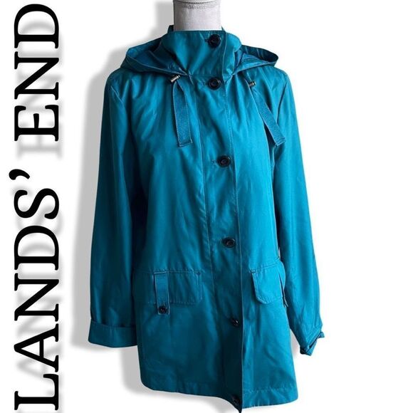 LANDS’ END Turquoise Hooded Windbreaker Utility Style Jacket, Size M - Picture 1 of 11